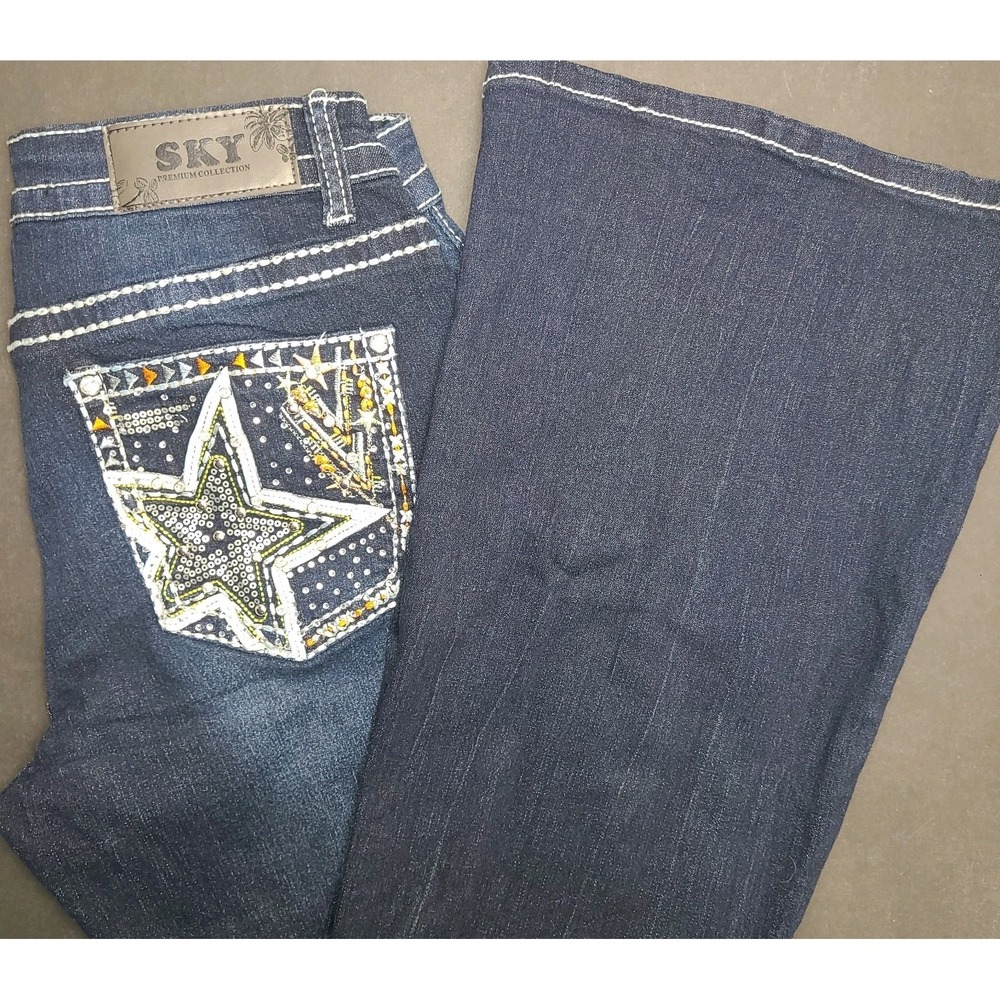 Sky Low Rise Flare Jeans Star Embellished Y2K Dark Wash 11x30 NWT